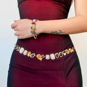 Handmade Gold Multi Color Stone Body Chain Waist Belt Bracelet jewelry set